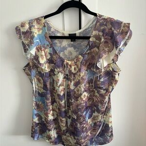 Covington Women's Top purple floral Broken Print Front ruffled cap sleeves